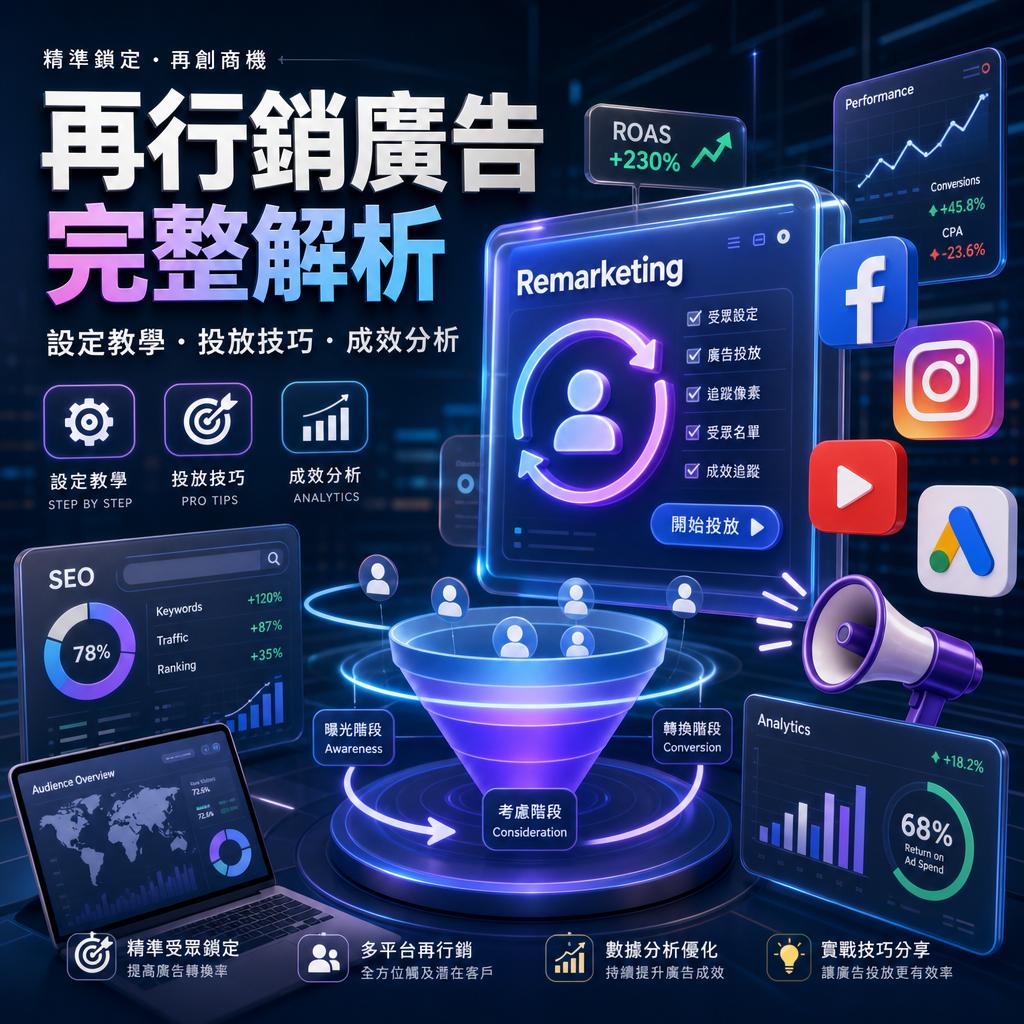 Neon, tech-themed poster about remarketing analytics showing a funnel diagram, KPI dashboards, and social media icons (Facebook, Instagram, YouTube) to illustrate ad performance and conversions