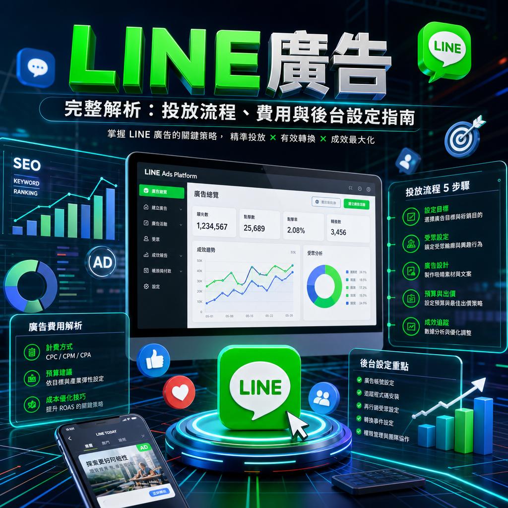 Neon LINE ads infographic featuring a computer dashboard, charts, and LINE logo, promoting LINE advertising platform.