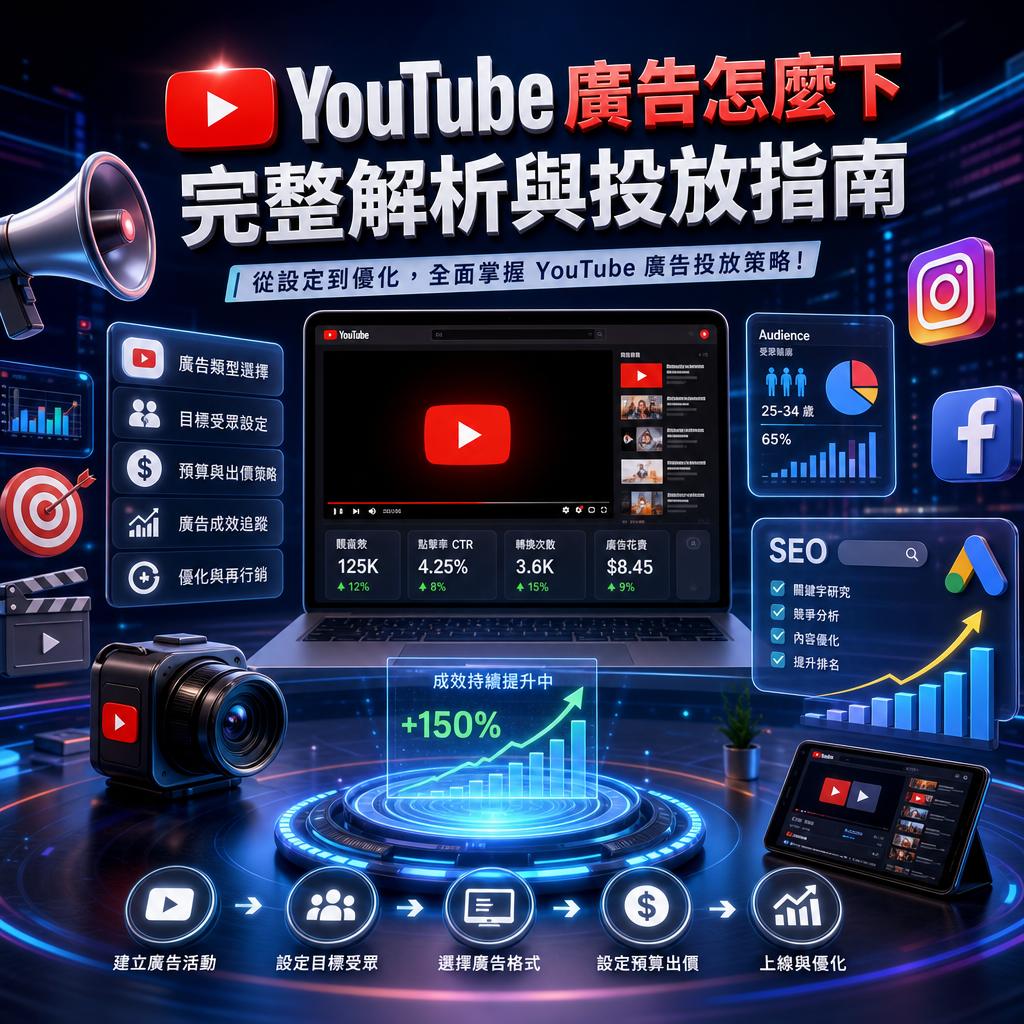 海報：YouTube廣告完整解析與投放指南，中央有筆電與統計圖表。и佈局包含多裝置與數據元素。
