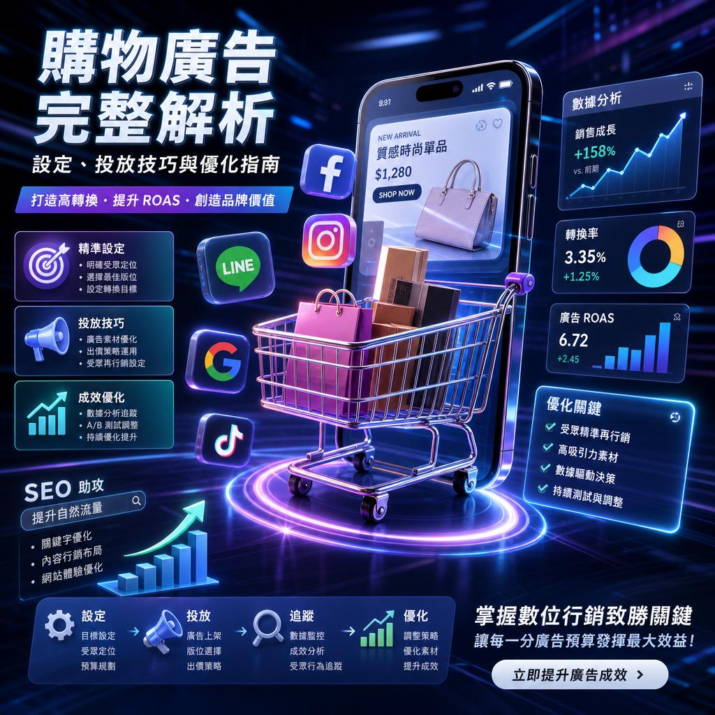 未來感購物廣告分析場景：手機與購物車，周圍浮動數據面板。","電商廣告優化示意，手機顯示商品，旁有社媒圖標與數據圖表。","以購物車與手機為中心的數位行銷介面，展示成長與轉換數據。","聚焦廣告投放技巧和ROAS優化的資訊圖。","整體宣傳圖，突顯數據分析、社群平台與商品展示。