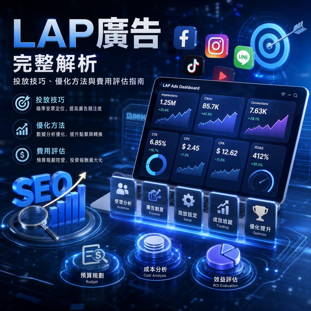 Digital marketing dashboard showing KPI blocks (Impressions, Clicks, Conversions) with a blue neon theme, plus SEO and cost analysis icons in Chinese labels.