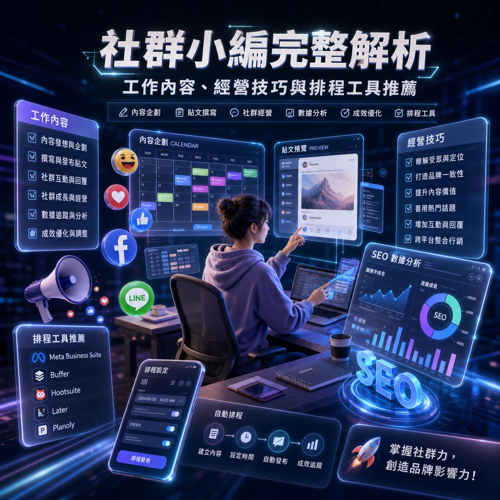 Person using a futuristic holographic workstation with SEO analytics, calendars, and social media panels surrounding them.