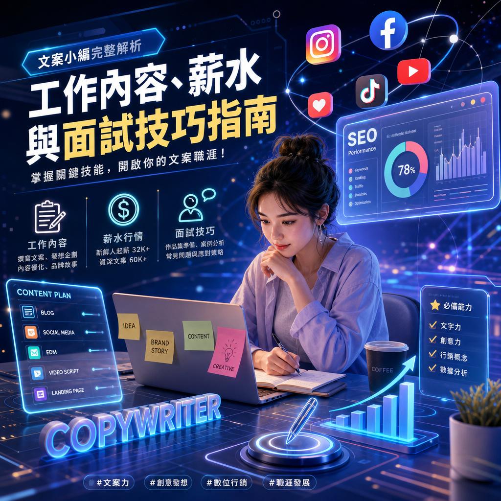 A woman works on a laptop in a futuristic digital marketing setup with floating icons and charts about copywriting and content planning (COPYWRITER).