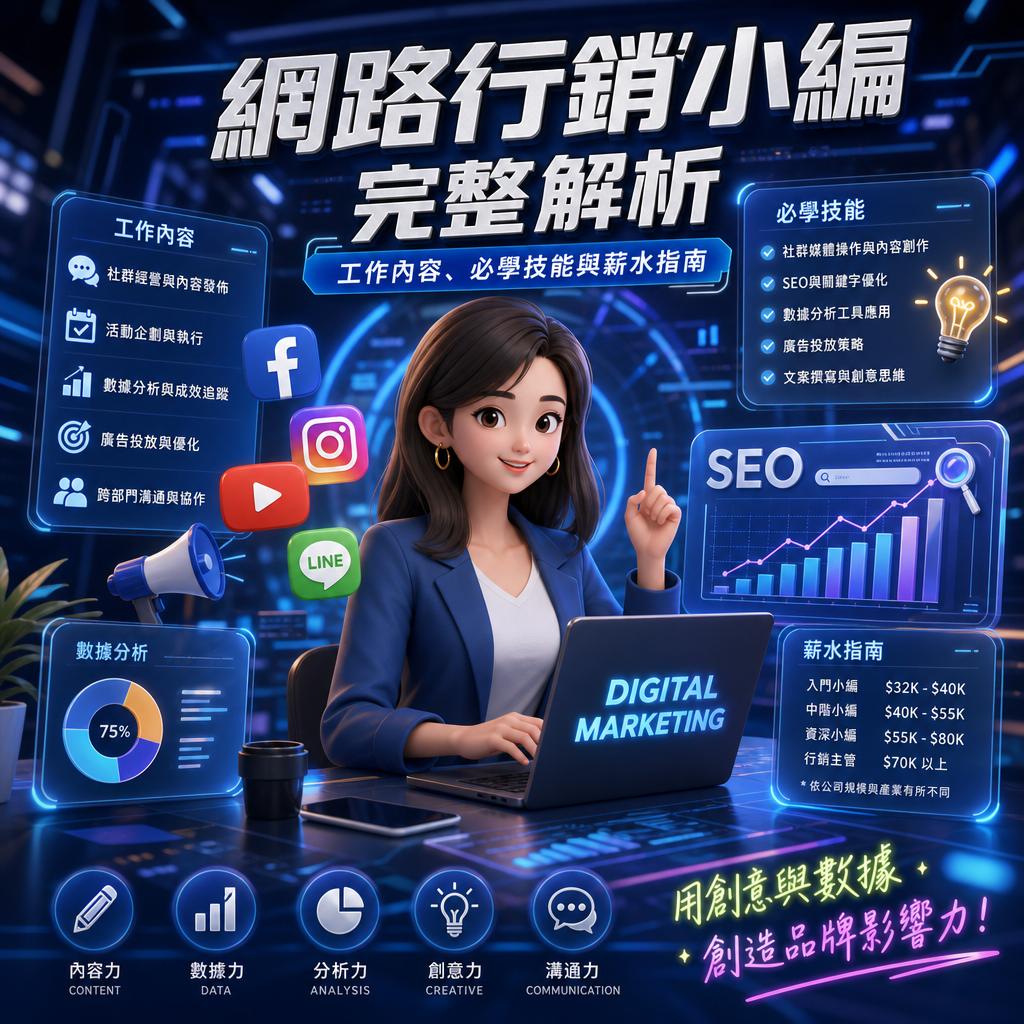 Digital marketing scene with a woman at a laptop surrounded by social icons (Facebook, Instagram, LINE) and charts, emphasizing SEO and analytics in Chinese.