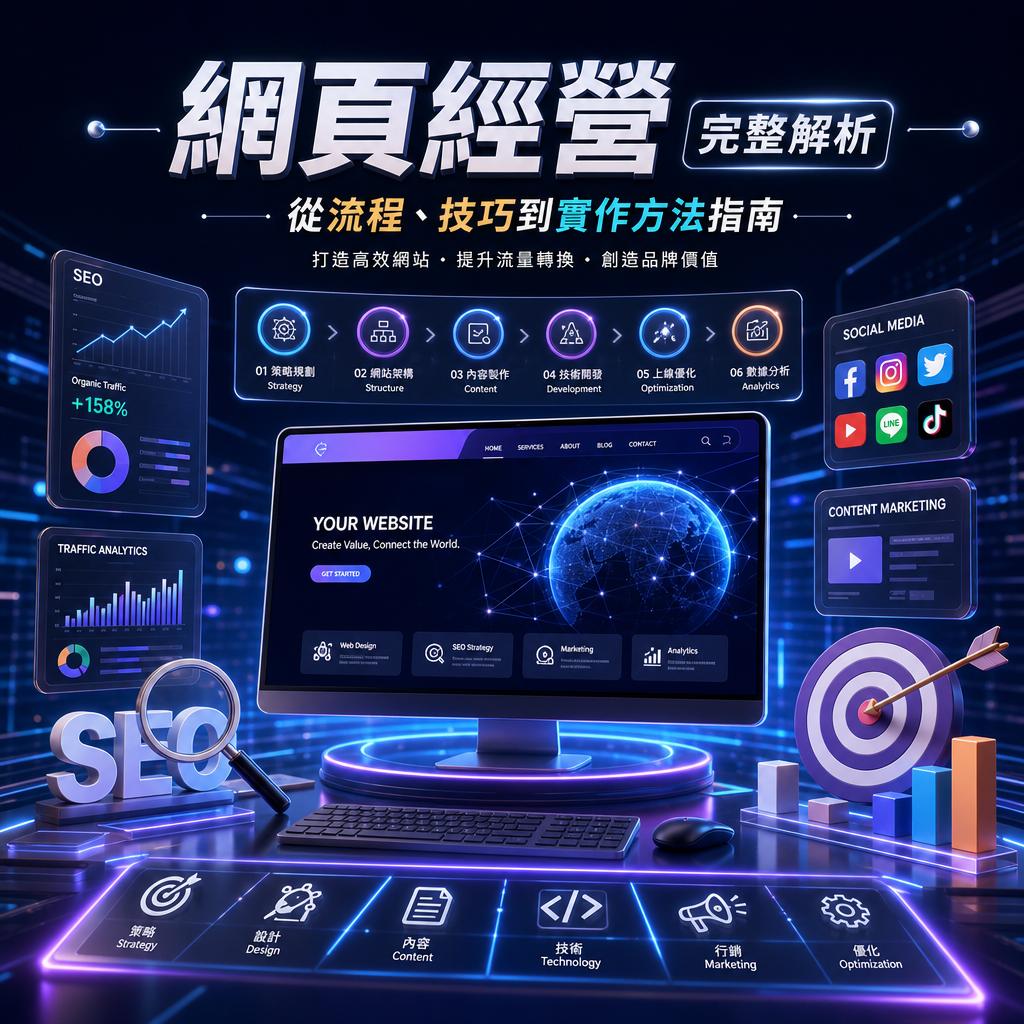 SEO-themed digital dashboard with neon blue graphics surrounding a central monitor and keyboard, showing charts, icons for strategy, design, content, technology, marketing, optimization, and a target with arrow.