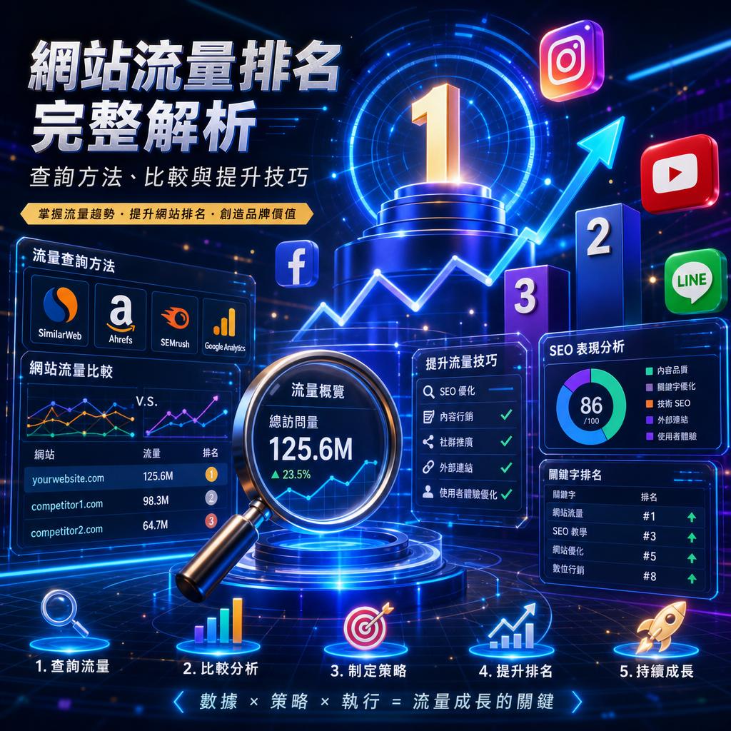 夜藍主題的網站流量分析圖，含放大鏡聚焦的總訪問量125.6M與上升趨勢線，以及多個社媒圖示