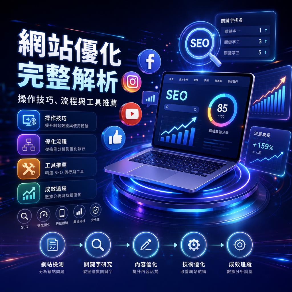 Laptop shows an SEO dashboard with rising graphs and an 85/100 score, surrounded by analytics icons. 直觀的SEO儀表板，顯示上升的圖表與85/100分，周圍有分析圖示。
