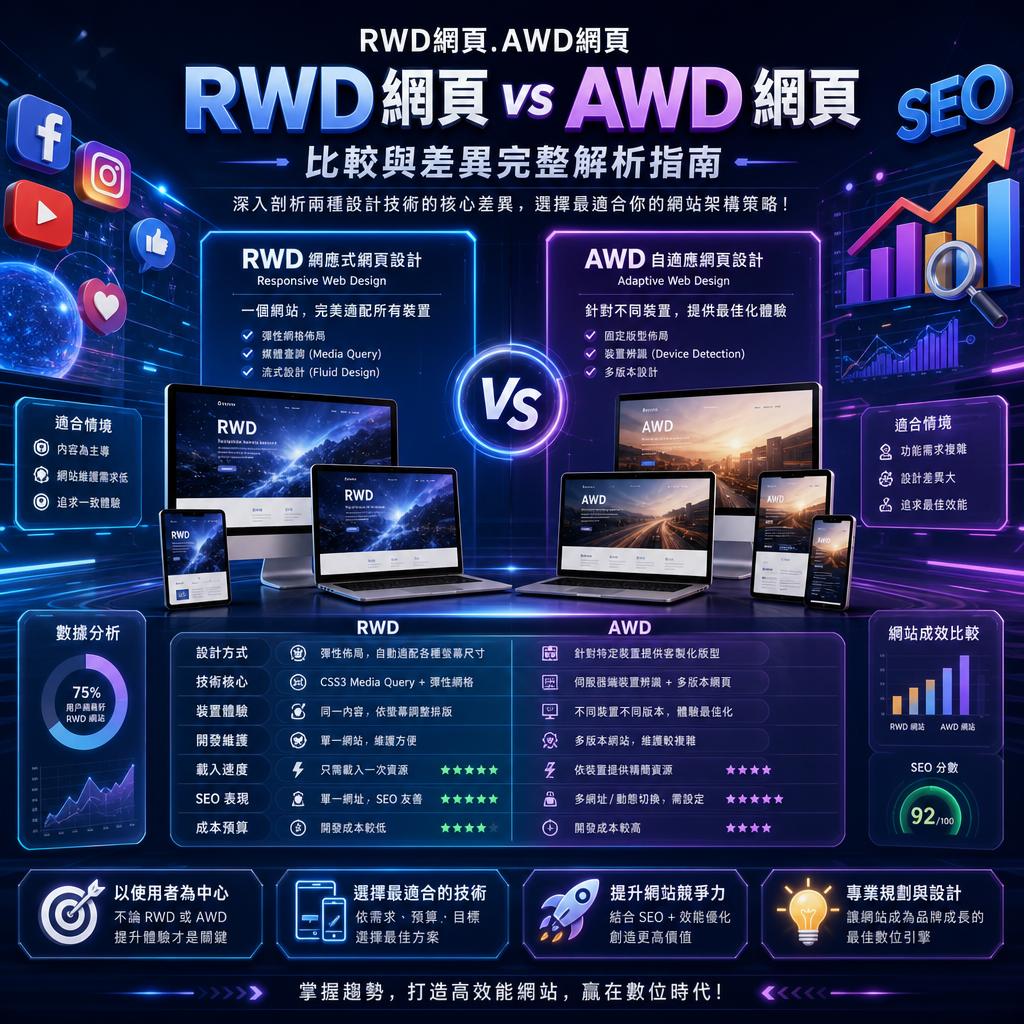 Infographic comparing RWD and AWD web design on multiple devices with charts and icons labeled RWD vs AWD (responsive vs adaptive).