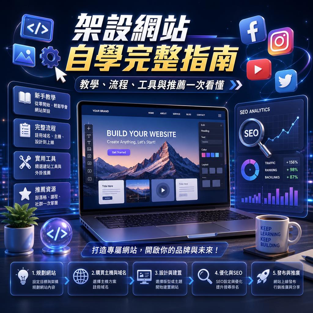 Cyber-themed infographic showing a laptop with 'BUILD YOUR WEBSITE', SEO dashboard, and social icons like Facebook and Instagram.