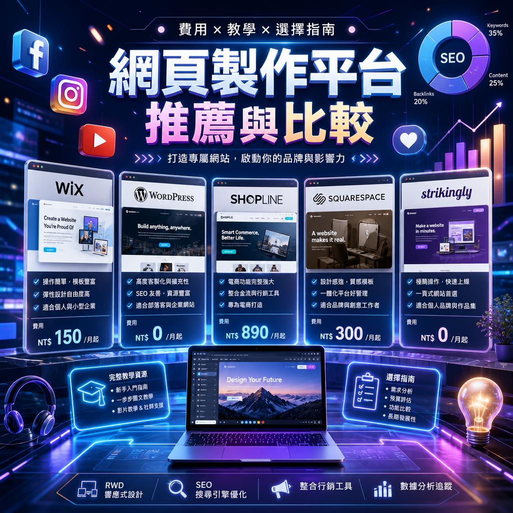 炫彩科技海報，展示 Wix、WordPress、Shopline、Squarespace、Strikingly 等網站製作平台的比較與價格情報。
