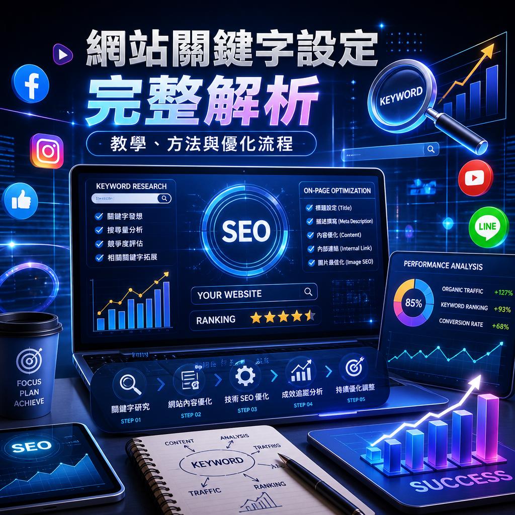 Digital marketing workspace showing a glowing SEO dashboard on a laptop screen with charts, keywords, and ranking data; surrounding icons for social media and a neon ‘SEO’ centerpiece.