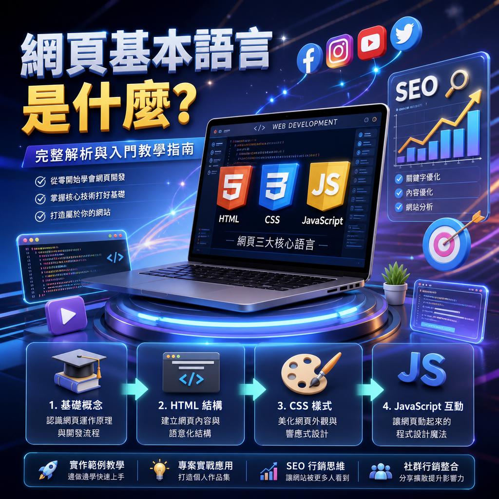 信息图：展示网页三大核心语言（HTML、CSS、JS）与学习路径，中心是带代码的笔记本电脑。请学习者了解前端开发要点。
