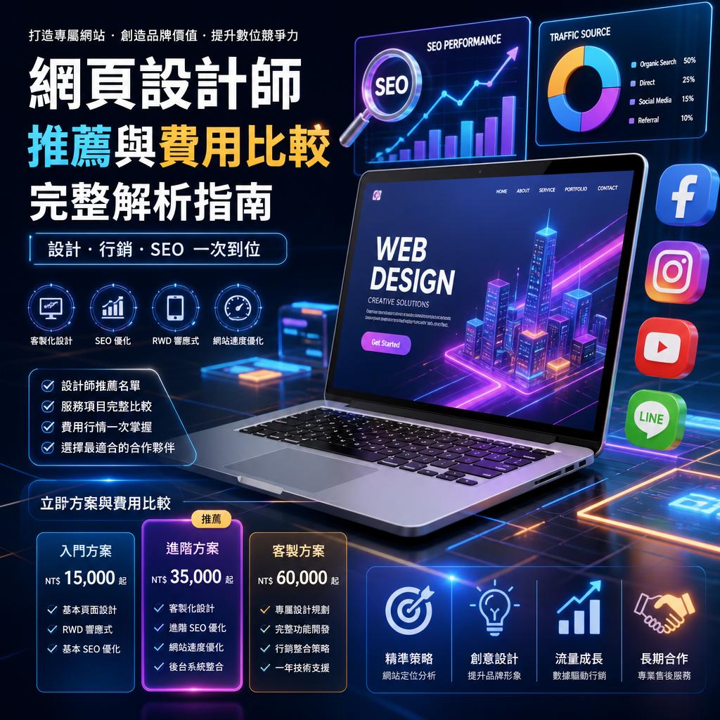 科技感網頁設計推廣海報，展示筆電與多個數據圖表，宣傳設計、SEO與費用比較服務。