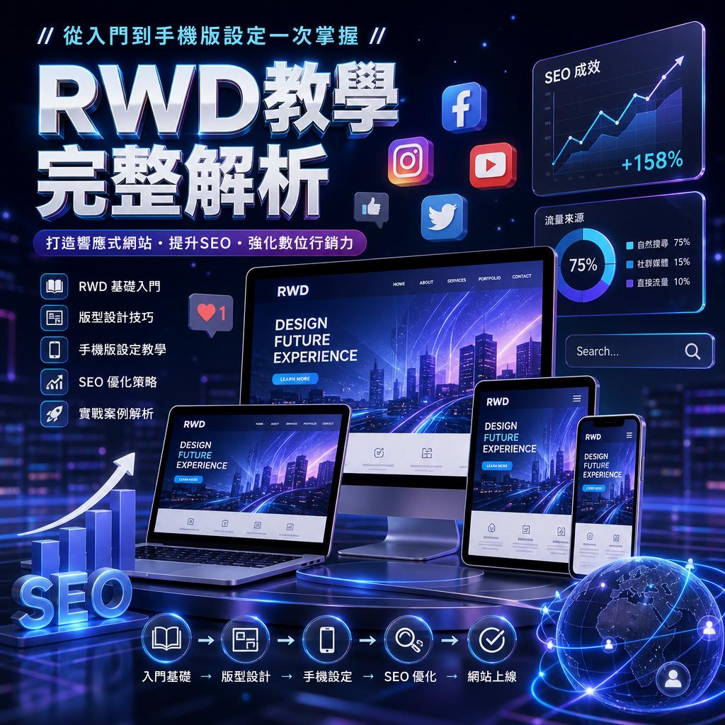 Neon blue infographic advertising 'RWD 教學 完整解析' with desktop, tablet, and phone screens showing UI, charts, and social icons.