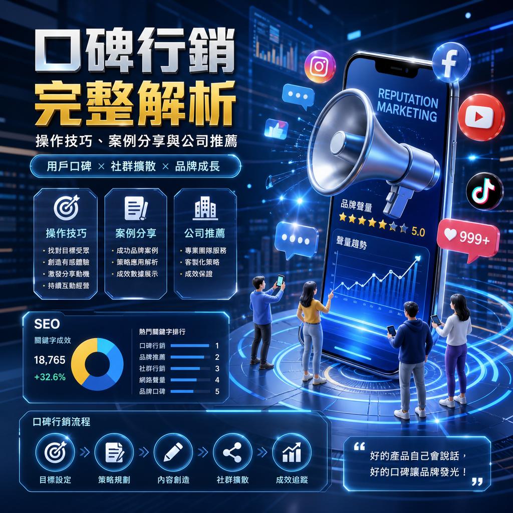Chinese infographic on complete reputation marketing analysis, with a large smartphone, megaphone, and social icons showing charts and figures.