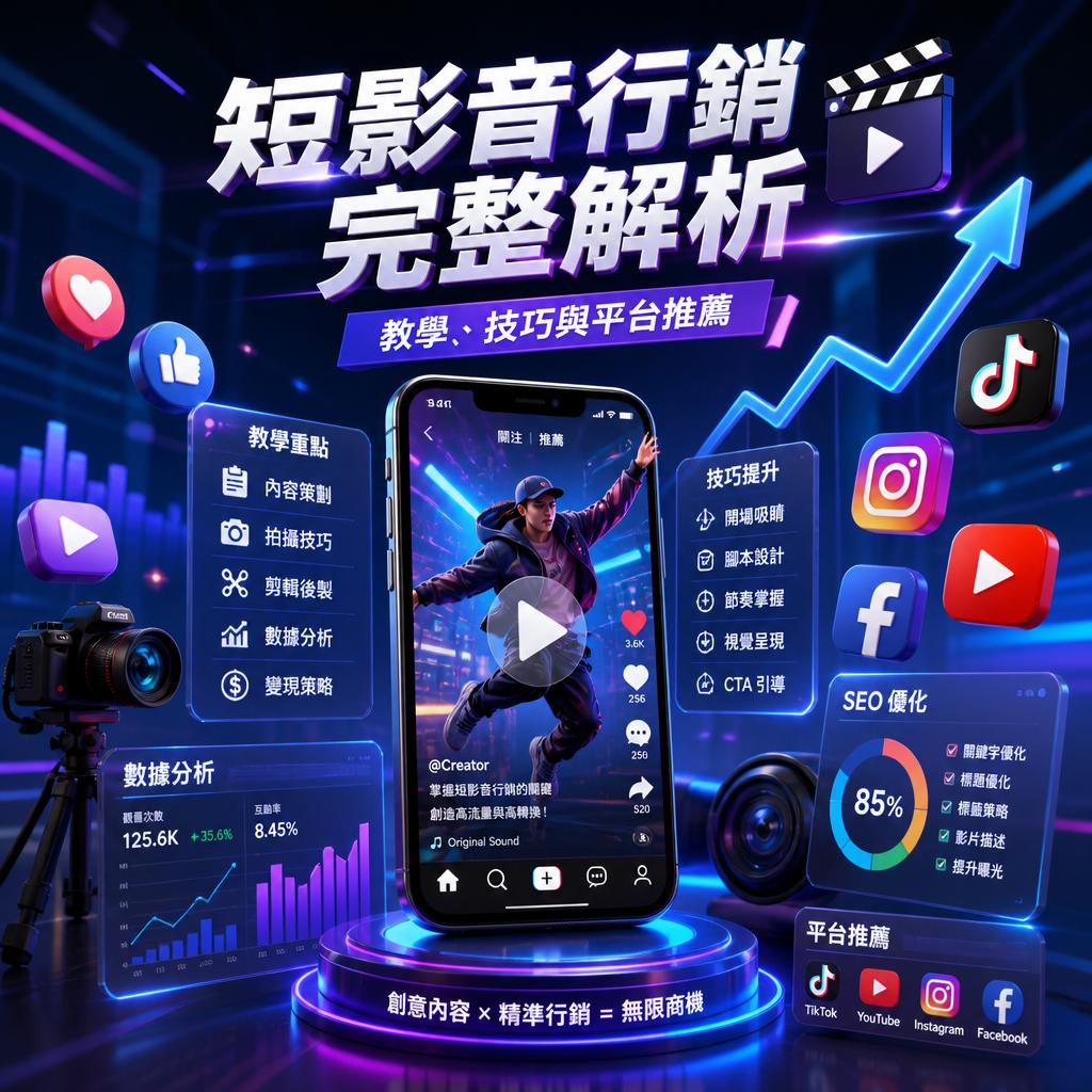 Promotional infographic for short-video marketing analytics centered on a smartphone, featuring charts, platform icons (TikTok, Instagram, Facebook) and neon graphics.