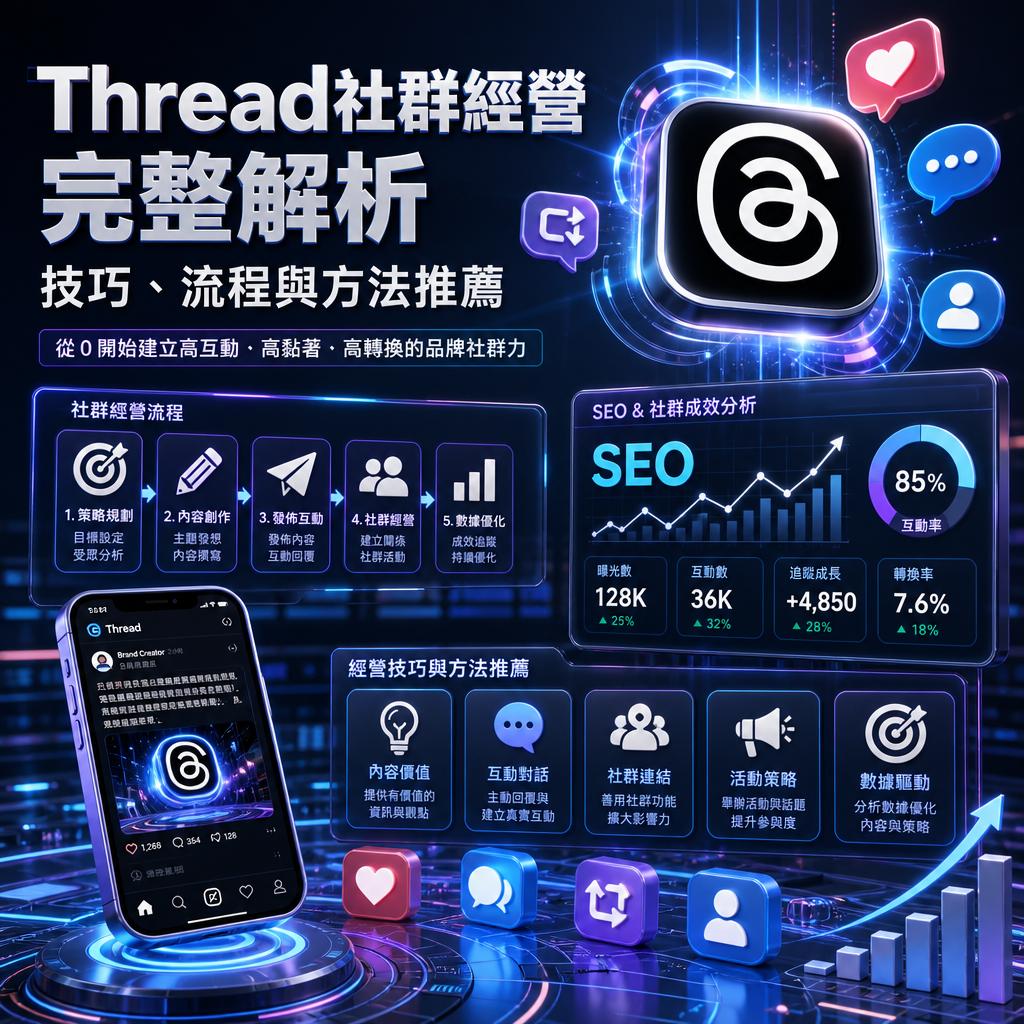 Futuristic infographic in Chinese about Thread social media analytics, showing charts, icons, a smartphone, and data panels for SEO and engagement growth.