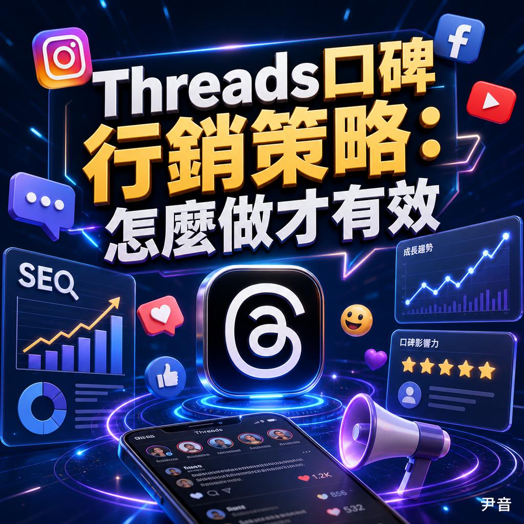 Promotional graphic about Threads marketing strategies with social icons, charts, and a megaphone.
