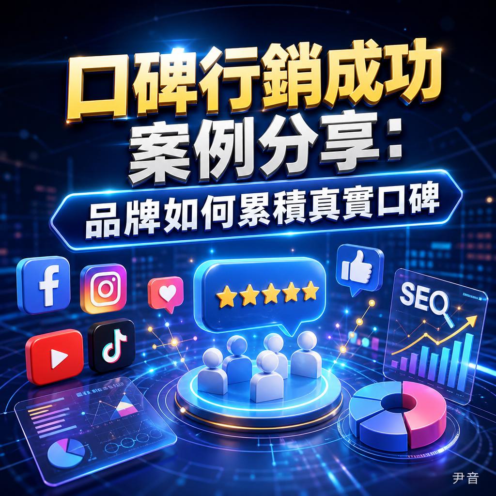 Promotional graphic about brand success and case sharing; includes social icons, a 5-star badge, and SEO charts on a blue futuristic background.
