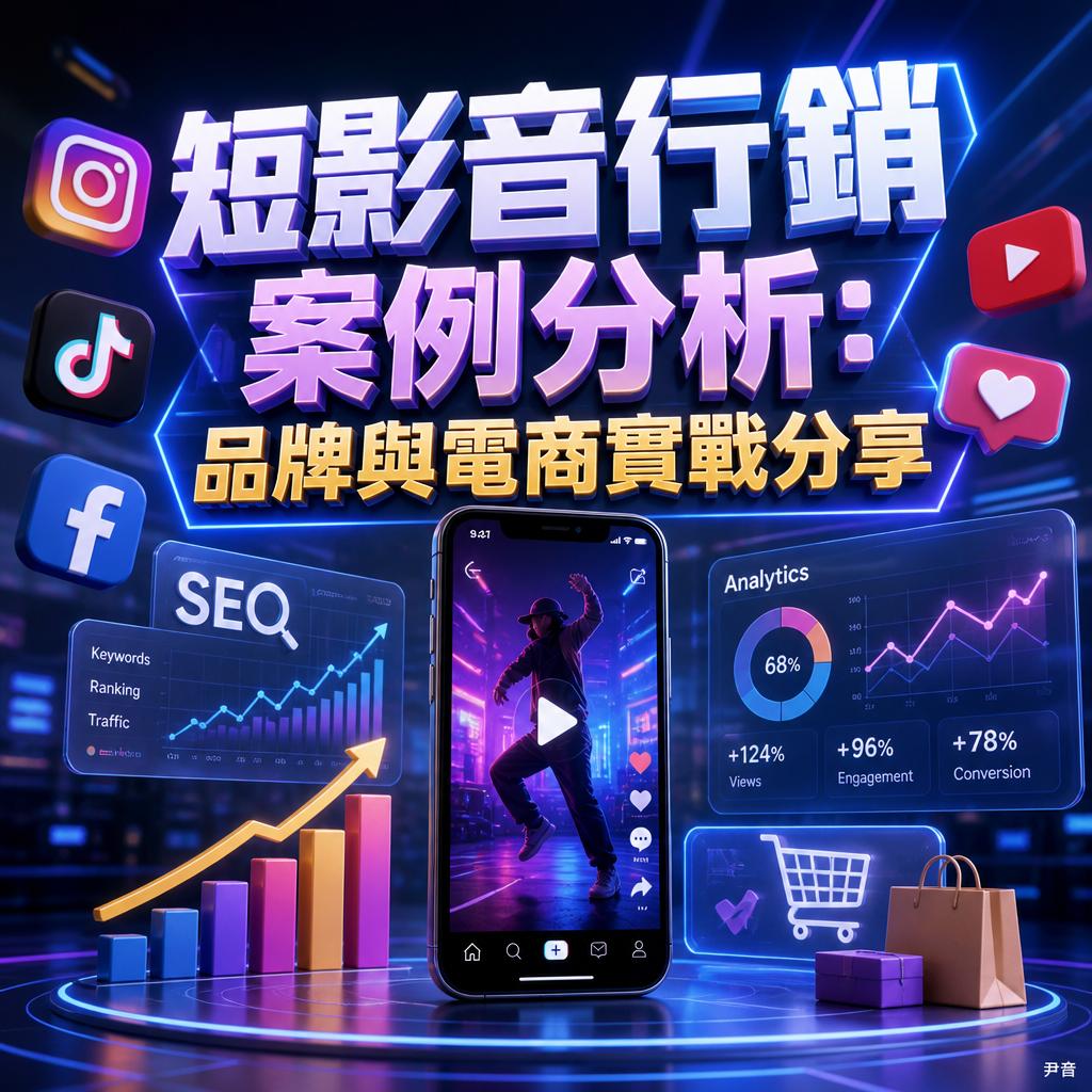Neon-style banner about short video marketing case analysis with social icons, analytics charts, a dancing figure on a smartphone, and shopping graphics.