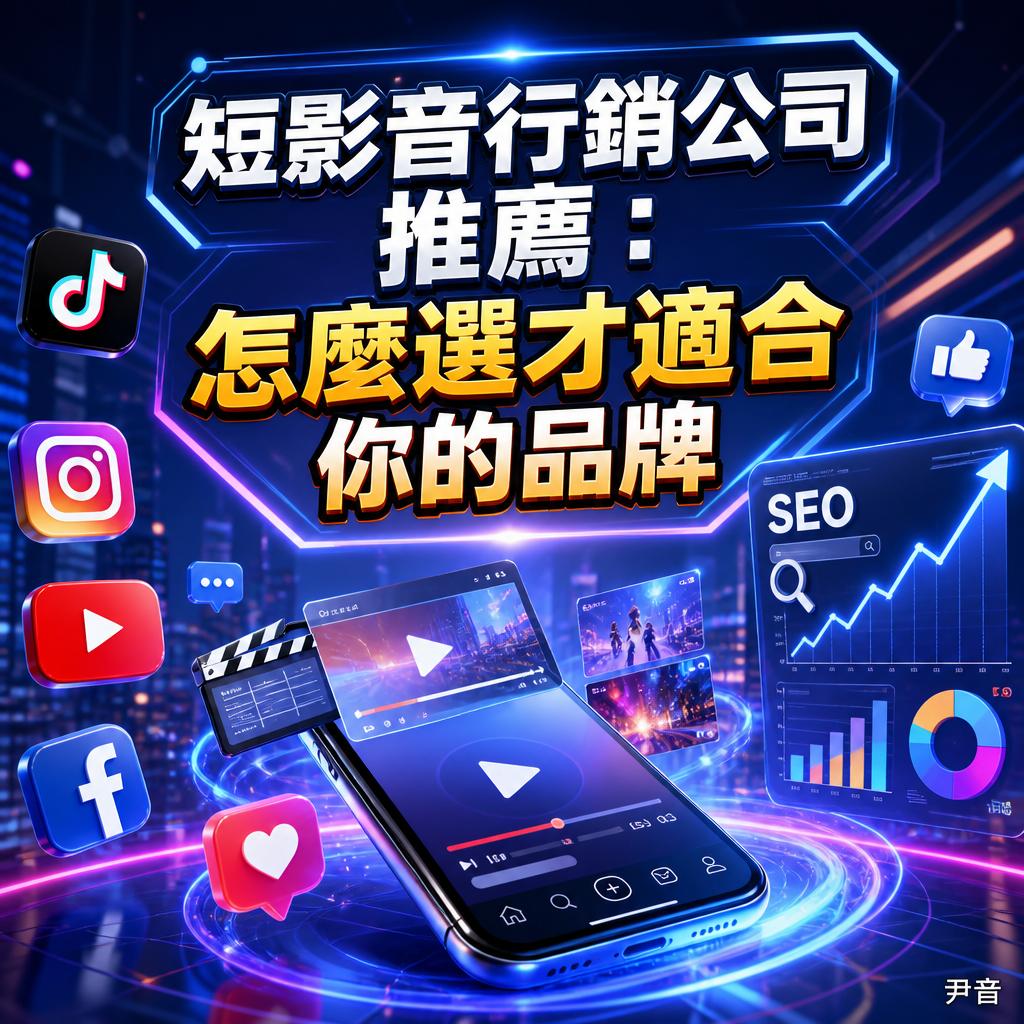 Neon tech-themed Chinese graphic about recommending short-video marketing firms and how to choose talent for your brand, with social icons and a smartphone.