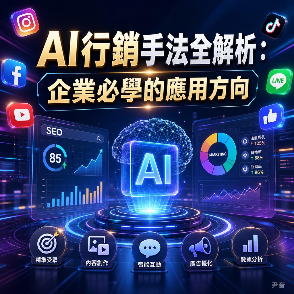 Central glowing AI cube on a holographic platform with charts and dashboards; surrounded by social icons (Instagram, Facebook, YouTube, TikTok, LINE) and a bold Chinese title about AI marketing methods.