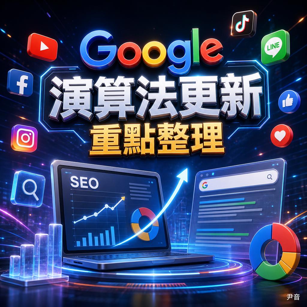 Futuristic graphic about Google algorithm updates with charts and SEO dashboards on laptops, surrounded by social icons (YouTube, Facebook, Instagram, TikTok).