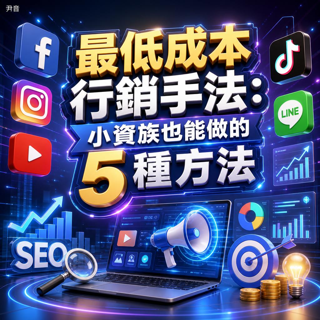Chinese text promoting five low-cost marketing methods for small budgets, with social icons (Facebook, Instagram, YouTube, TikTok, LINE) and analytics visuals